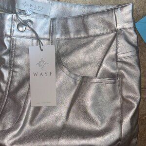 NWT WAYF Silver Metallic Faux Leather Pants High Rise Straight Leg Small